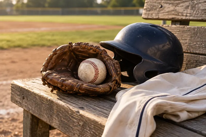 Original illustration of a glove, ball, helmet and pants on a baseball bench