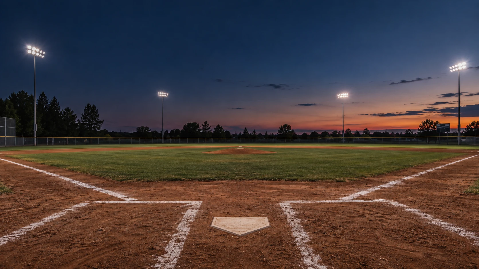 An empty baseball field under evening lights