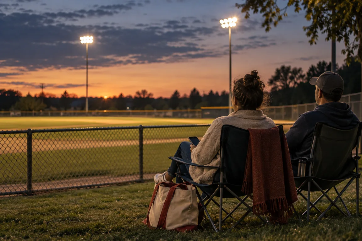 Two parents in folding chairs beside a baseball field at sunset