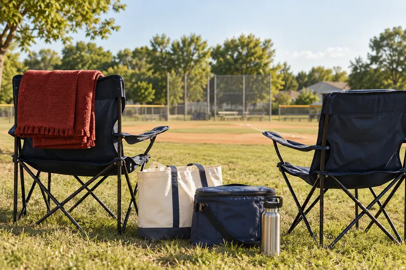 Original illustration of chairs, a cooler and a bag beside a baseball field