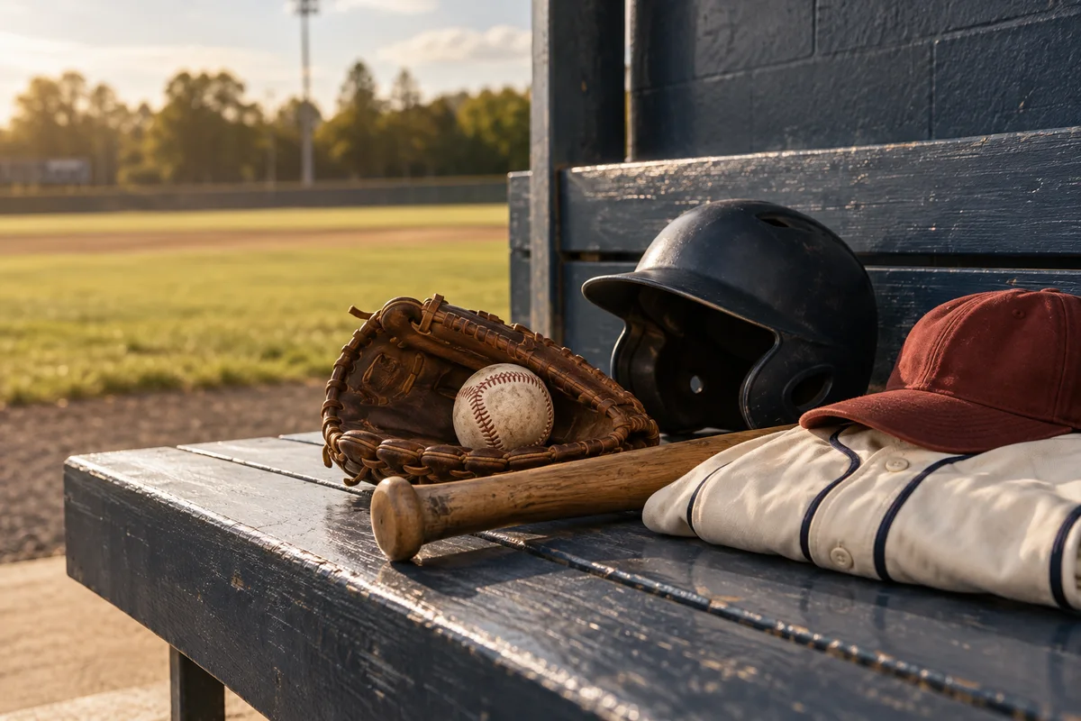 Unbranded glove, baseball, bat and helmet on a sunlit dugout bench