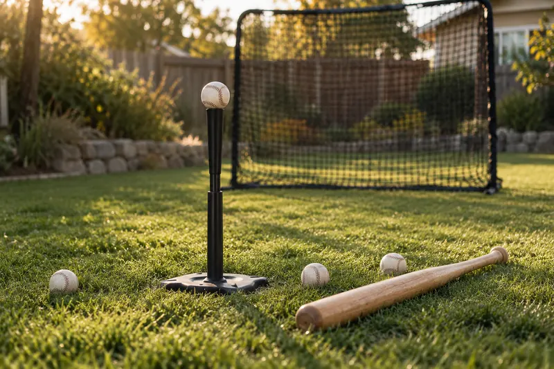 Original illustration of a batting tee, balls and net in a backyard