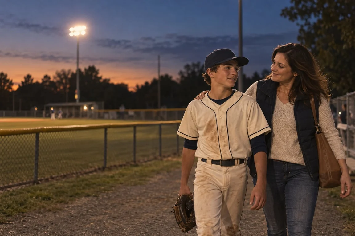 A young ballplayer walking off the field with his mom after an evening game